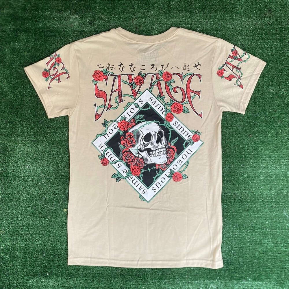 Savage Rose Skull Sinner Shirt Emo Punk Skater Tan Tonal Tee